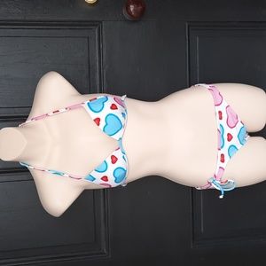 New AGUA DOCE SM / 38 Pink & Blue Hearts Skimpy Brazilian Halter Bikini